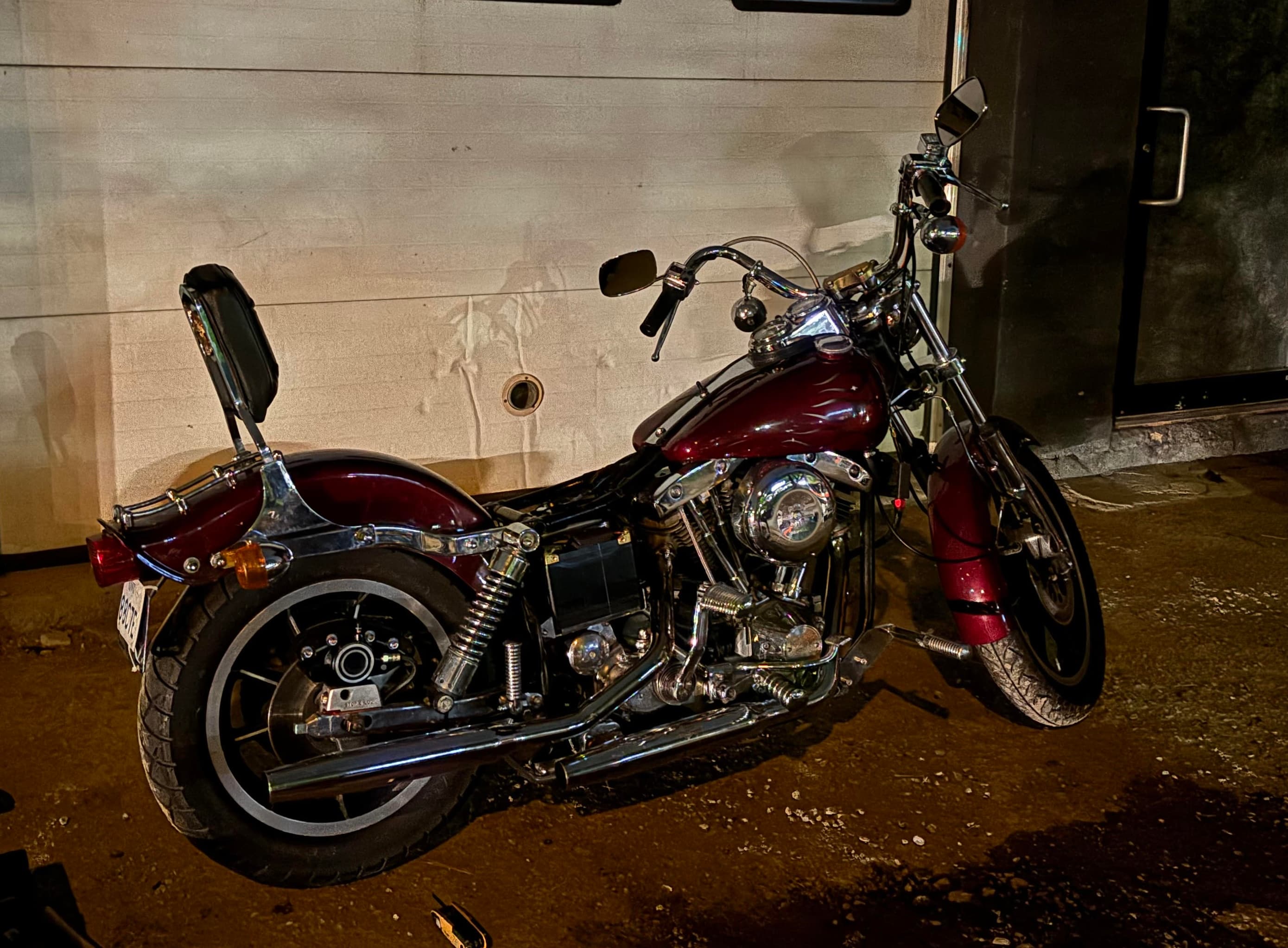 The 1979 Harley-Davidson Shovelhead that ShopDog was built around, parked in the shop